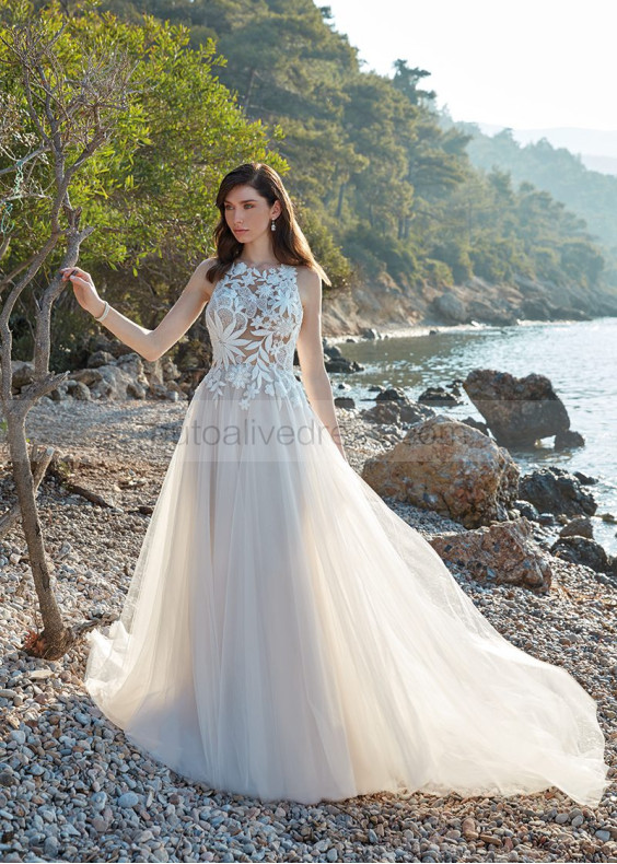 Sheer Boho Beach Beaded Lace Tulle Summer Airy Wedding Dress